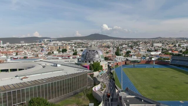 Aerial View Of Centro Cultural Gomez Morin, Monument to Columbus And New Olympic Stadium of Queretaro In Mexico.