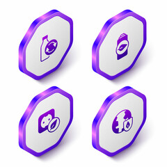 Set Isometric Recycling plastic bottle, Eco nature leaf battery, Electrical outlet and Earth with shield icon. Purple hexagon button. Vector