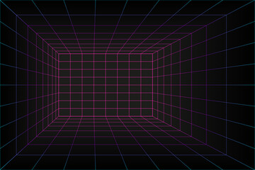 3d Grid perspective laser room in technology style. Virtual reality tunnel or wormhole. Abstract vaporwave background