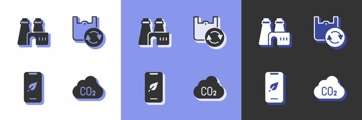 Set CO2 emissions in cloud, Factory production, Mobile phone with leaf and Shopping bag recycle icon. Vector