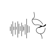 Simple speech icon with lips and voice wave. Flat symbol of sound recording or audio podcast. Logo for record of storytelling and radio broadcast. Concept sign of message. Vector isolated illustration