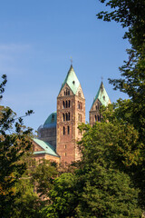 Fototapeta na wymiar Landscape view of the Speyer Cathedral, also called the Imperial Cathedral Basilica of the Assumption and St Stephen, in Speyer, Germany.