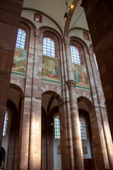 Close, upward view of an interior wall of the Speyer Cathedral, also called the Imperial Cathedral Basilica of the Assumption and St Stephen, in Speyer, Germany.