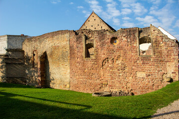 Close up view of the stone wall ruins of an ancient Jewish synagogue, in the city of Speyer,...