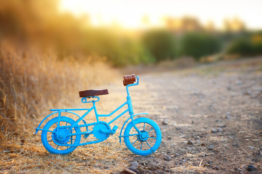 Blue vintage bicycle toy waiting outdoors at sunset light