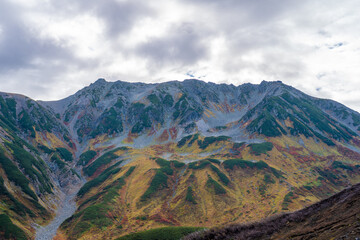 Fototapeta premium 富山県立山町の立山の秋の紅葉の季節に登山している風景 Scenery of climbing Tateyama Mountain in Tateyama Town, Toyama Prefecture, Japan during the season of autumn leaves. 