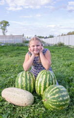 The girl is sitting on the grass near ripe large watermelons and melons.