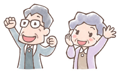 老夫婦の応援イラストセット水彩風
