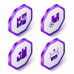 Set Isometric Warehouse with boxes, Gear package, Carton cardboard and icon. Purple hexagon button. Vector