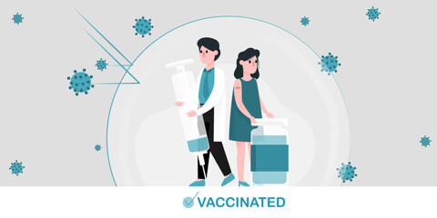 Doctor is holding syringe with vaccine. Women get vaccinated. They are inside bubble shield, protect from the virus, immunization.