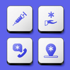 Set Syringe, Cross hospital medical, Emergency call 911 and Location icon. White square button. Vector