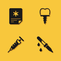 Set Patient record, Pipette, Syringe and Dental implant icon with long shadow. Vector