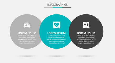 Set Heart rate, Ambulance car and Clinical record on laptop. Business infographic template. Vector