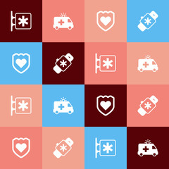 Set pop art Emergency - Star of Life, Ambulance car, Immune system and Smart watch with heart icon. Vector