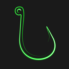 Neon bright fishhook on black background. Glowing electric sign. Vector Illustration.