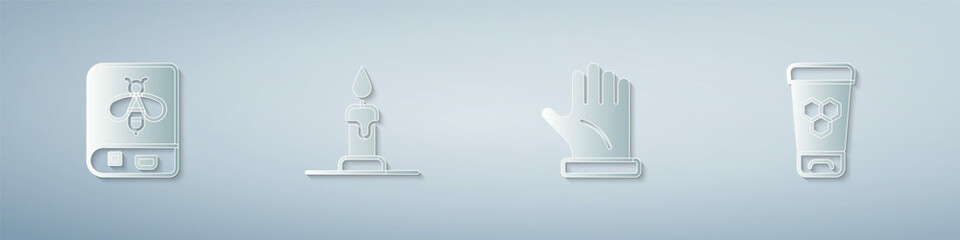 Set Book about bee, Burning candle, Beekeeper glove and Cosmetic tube with honey. Paper art style. Vector