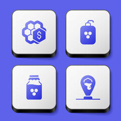 Set Sale of honeycomb, Cosmetic tube with, Jar and Honeycomb bee location icon. White square button. Vector
