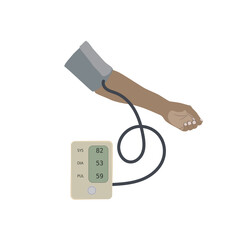 A dark skinned hand and a tonometer with hypotension, low blood pressure. Flat vector medical illustration.