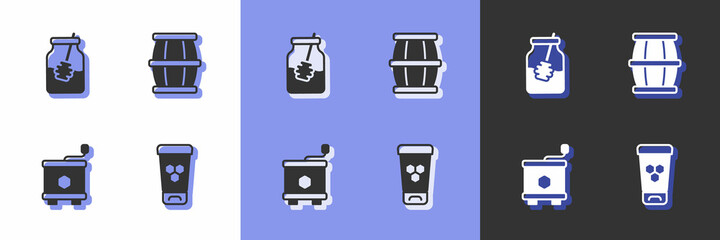 Set Cosmetic tube with honey, Jar of and dipper stick, Honey extractor and Wooden barrel icon. Vector