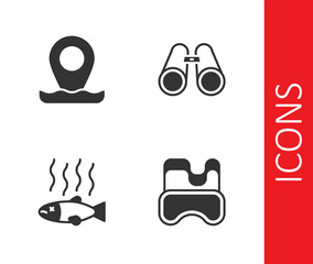 Set Diving mask, Location fishing, Dead and Binoculars icon. Vector