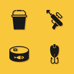 Set Fishing bucket, lure, Canned fish and harpoon icon with long shadow. Vector