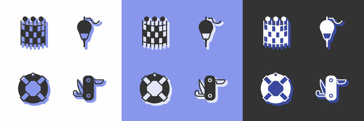 Set Swiss army knife, Fishing net pattern, Lifebuoy and float icon. Vector