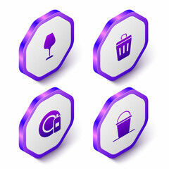 Set Isometric Wine glass, Trash can, Dishwashing bottle and plate and Bucket icon. Purple hexagon button. Vector
