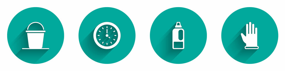 Obraz premium Set Bucket, Clock, Bottle for detergent and Rubber gloves icon with long shadow. Vector