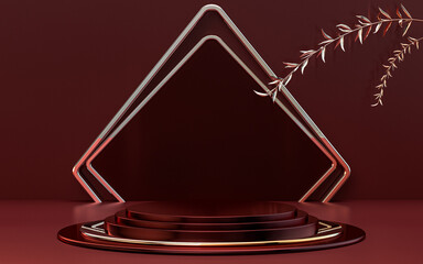 dark red and silver abstract square shape luxury podium stage for product promotion 3d rendering