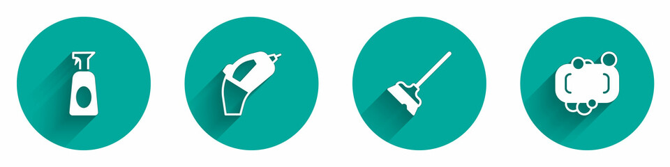 Set Cleaning spray with detergent, Portable vacuum cleaner, Mop and Bar of soap icon with long shadow. Vector