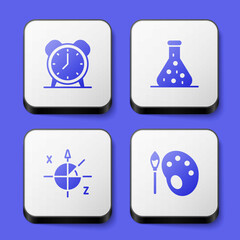 Set Alarm clock, Test tube, Trigonometric circle and Paint brush with palette icon. White square button. Vector