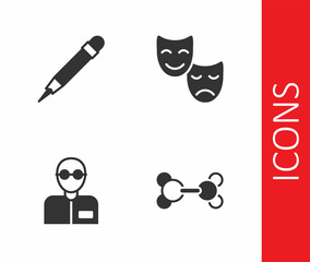 Set Molecule, Pencil with eraser, Teacher and Comedy and tragedy masks icon. Vector