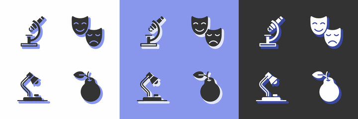 Set Pear, Microscope, Table lamp and Comedy and tragedy masks icon. Vector
