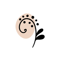 Branch with an abstract round spot. Artistic floral minimalist print. Isolated black silhouette of a plant with pastel drops. Modern watercolor shapes with leaves, acrylic ink blobs. Vector element