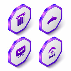 Set Isometric Ancient column, French beret, Carnival mask and Pope hat icon. Purple hexagon button. Vector