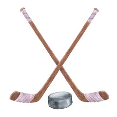 Watercolor illustrations with hockey sticks and puck. Collection of drawn elements for your design.