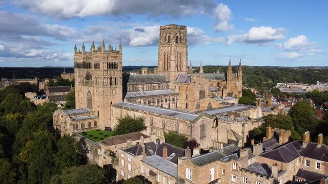 Durham Cathedral in County Durham on Sunny Day - Aerial Drone 4k HD Footage Zoom In