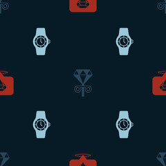 Set Diamond, Stud earrings and Wrist watch on seamless pattern. Vector