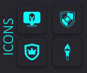 Set Torch flame, Medieval helmet, Shield and with crown icon. Black square button. Vector