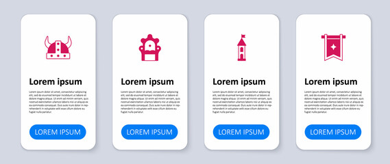 Set Medieval flag, Castle tower, throne and Viking in horned helmet. Business infographic template. Vector