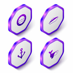 Set Isometric Ship porthole, Speedboat, Anchor and Whale icon. Purple hexagon button. Vector