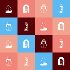 Set pop art Yacht sailboat, Inflatable with motor, and Lighthouse icon. Vector