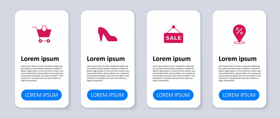 Set Location with percent, Hanging sign text Sale, Woman shoe and Add to Shopping cart. Business infographic template. Vector