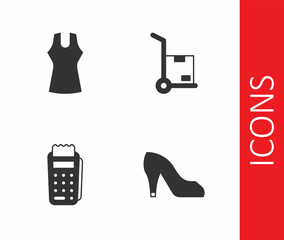 Set Woman shoe, dress, POS terminal and Hand truck and boxes icon. Vector