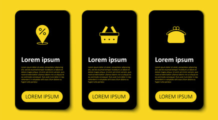 Set Wallet, Shopping basket and Location with percent. Business infographic template. Vector