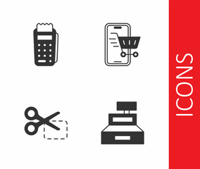 Set Cash register machine, POS terminal, Scissors cuts discount coupon and Mobile with shopping cart icon. Vector