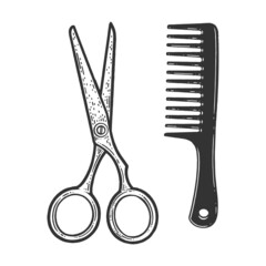 scissors and comb sketch engraving vector illustration. T-shirt apparel print design. Scratch board imitation. Black and white hand drawn image. - obrazy, fototapety, plakaty
