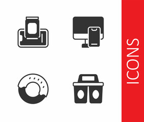 Set Coffee cup to go, Food ordering on mobile, Donut and Online food icon. Vector