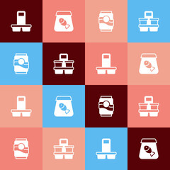 Set pop art Coffee cup to go, Online ordering fish, Soda can and icon. Vector