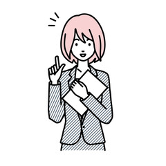 立って書類を手に持って何かひらめいたスーツの女性